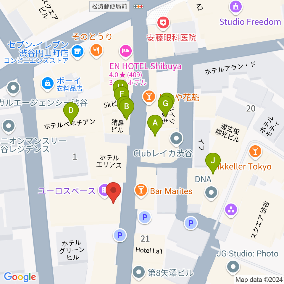 渋谷ユーロライブ周辺のファミレス・ファーストフード一覧地図