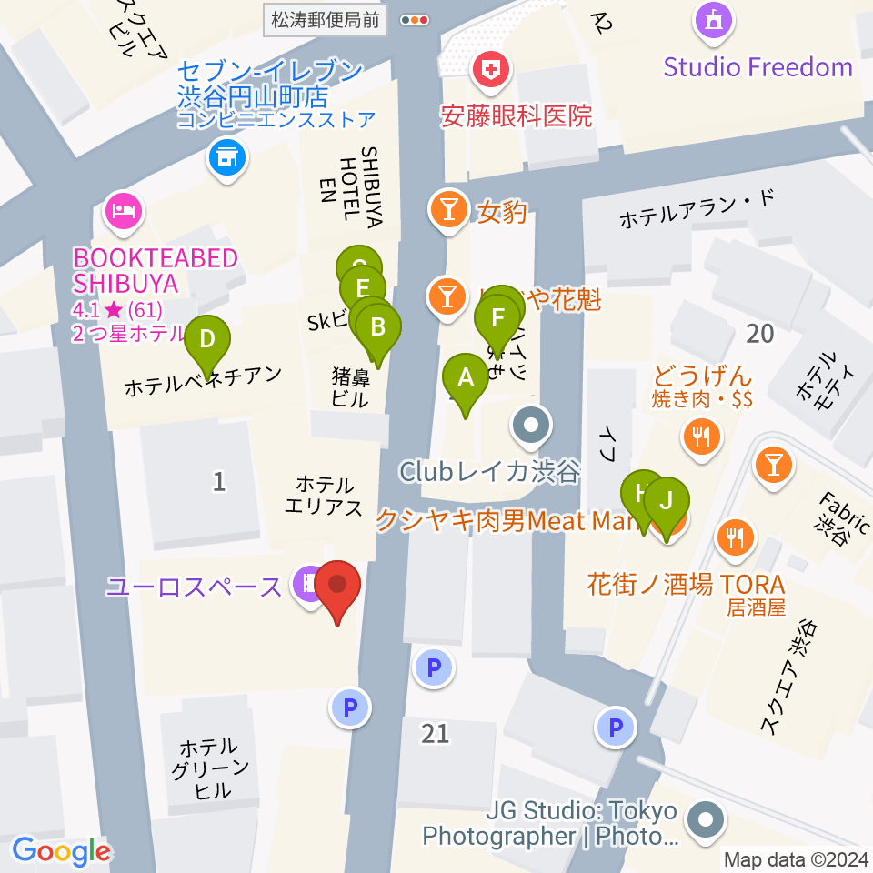 渋谷ユーロライブ周辺のファミレス・ファーストフード一覧地図