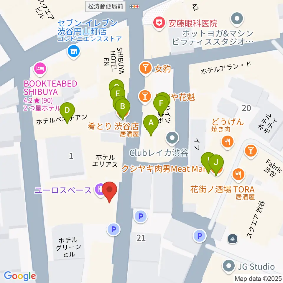 渋谷ユーロライブ周辺のファミレス・ファーストフード一覧地図