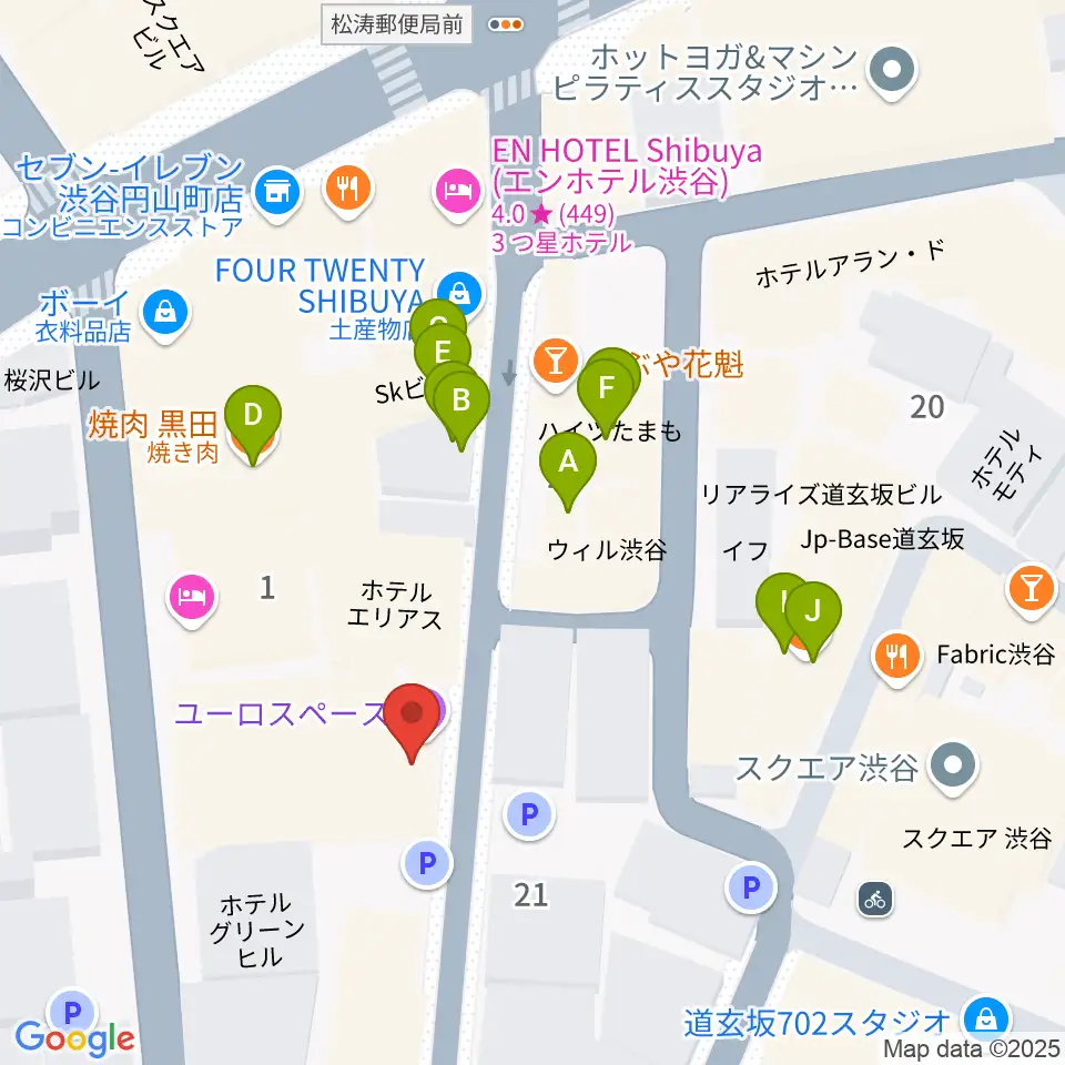 渋谷ユーロライブ周辺のファミレス・ファーストフード一覧地図