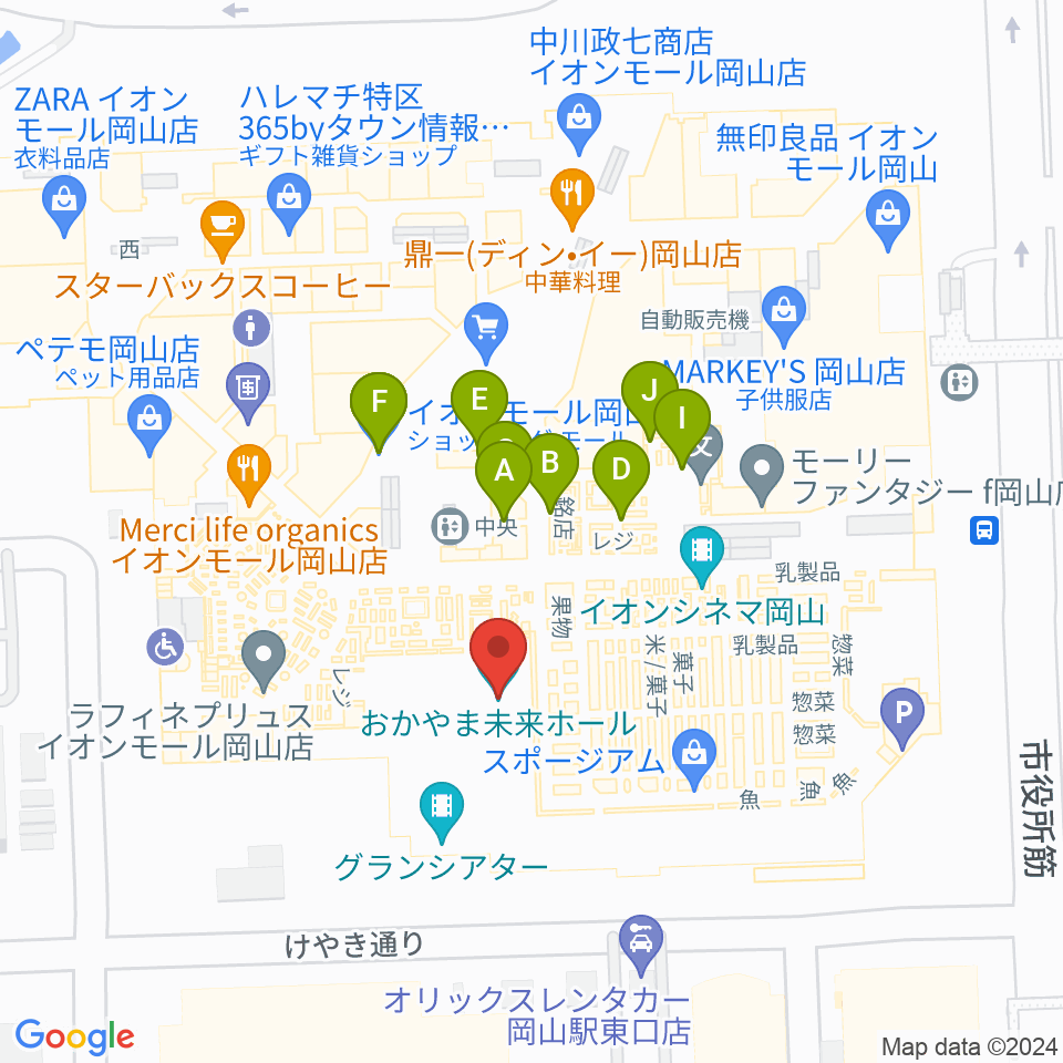 おかやま未来ホール周辺のファミレス・ファーストフード一覧地図