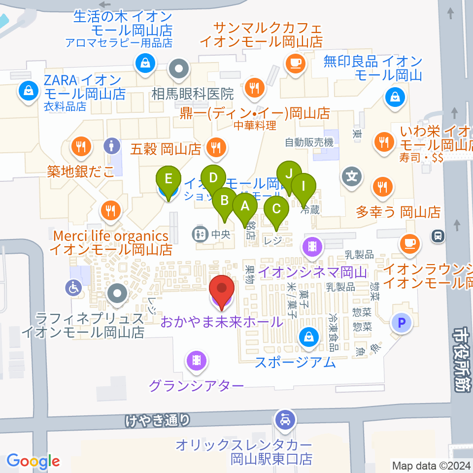 おかやま未来ホール周辺のファミレス・ファーストフード一覧地図