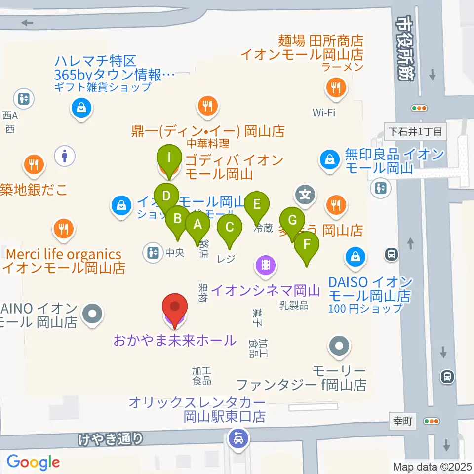 おかやま未来ホール周辺のファミレス・ファーストフード一覧地図