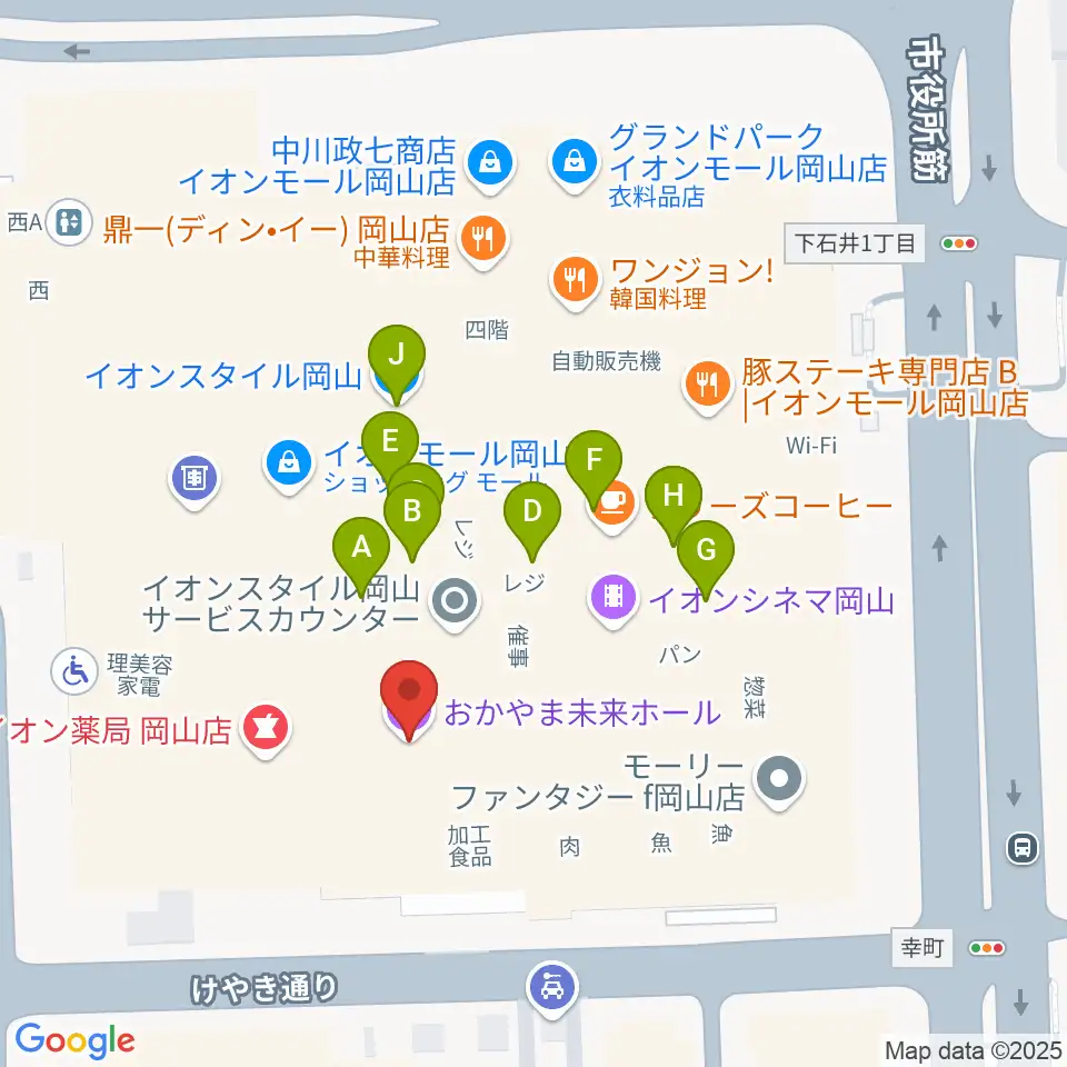 おかやま未来ホール周辺のファミレス・ファーストフード一覧地図