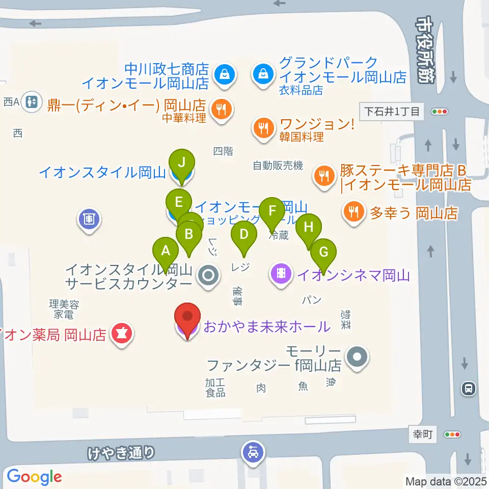 おかやま未来ホール周辺のファミレス・ファーストフード一覧地図