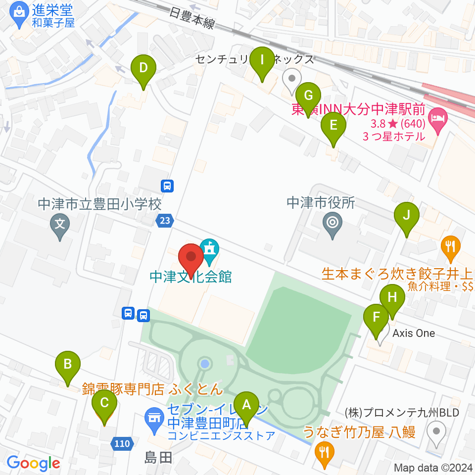 中津文化会館周辺のファミレス・ファーストフード一覧地図