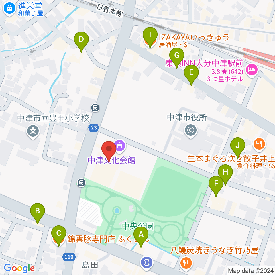 中津文化会館周辺のファミレス・ファーストフード一覧地図