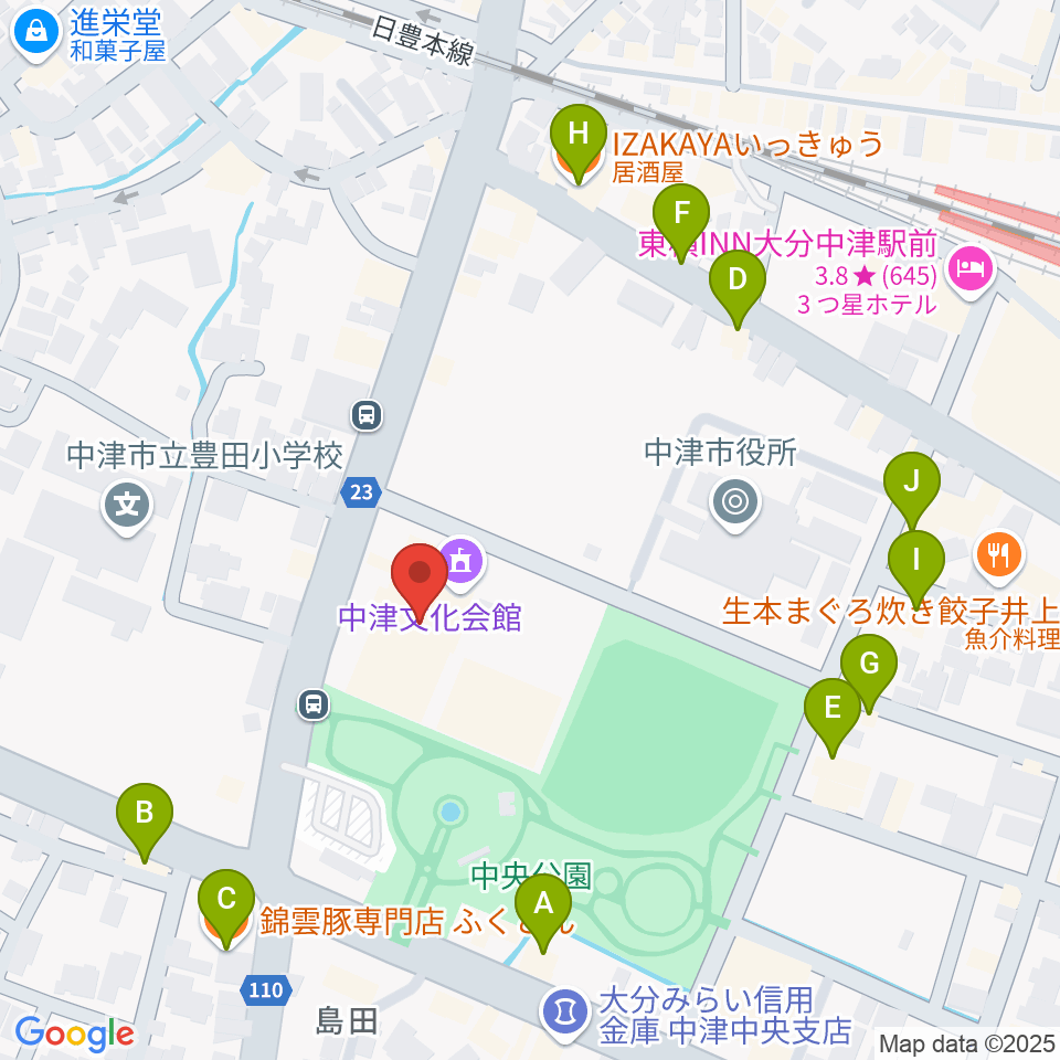 中津文化会館周辺のファミレス・ファーストフード一覧地図