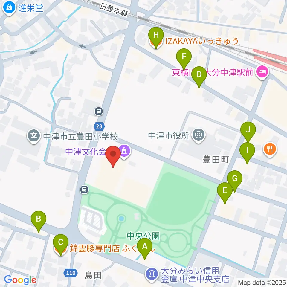 中津文化会館周辺のファミレス・ファーストフード一覧地図