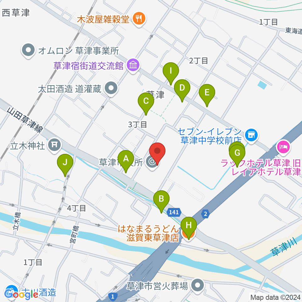 草津アミカホール周辺のファミレス・ファーストフード一覧地図