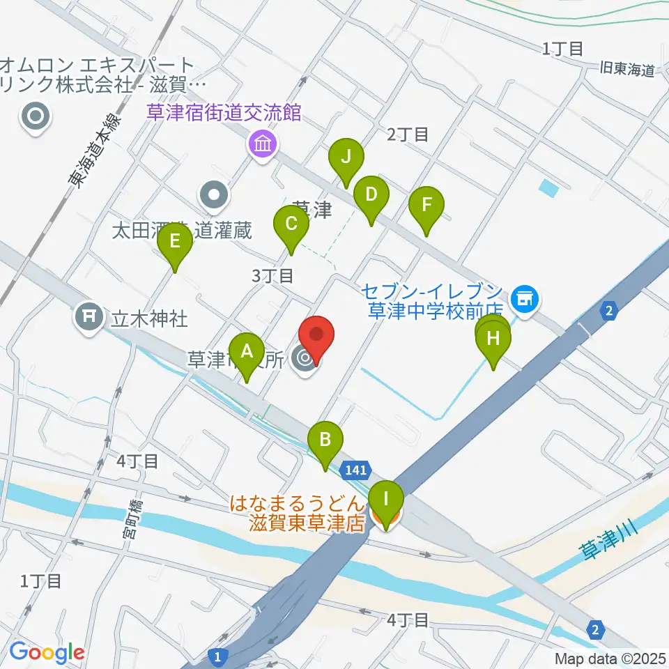 草津アミカホール周辺のファミレス・ファーストフード一覧地図
