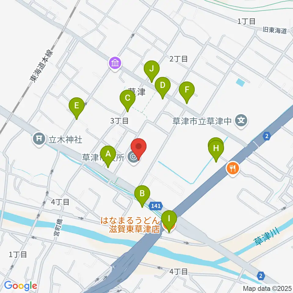 草津アミカホール周辺のファミレス・ファーストフード一覧地図