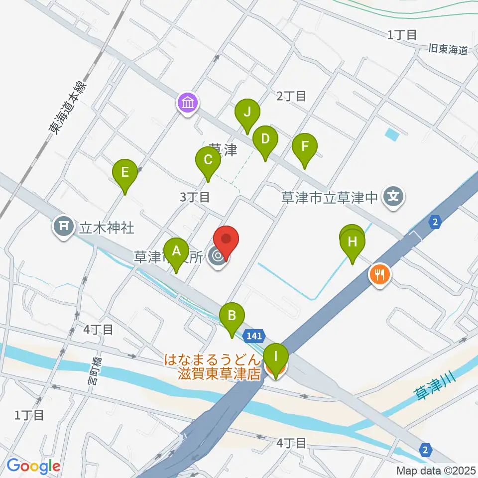 草津アミカホール周辺のファミレス・ファーストフード一覧地図