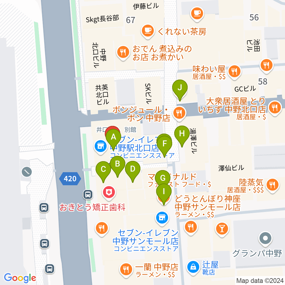 レア中野店周辺のファミレス・ファーストフード一覧地図