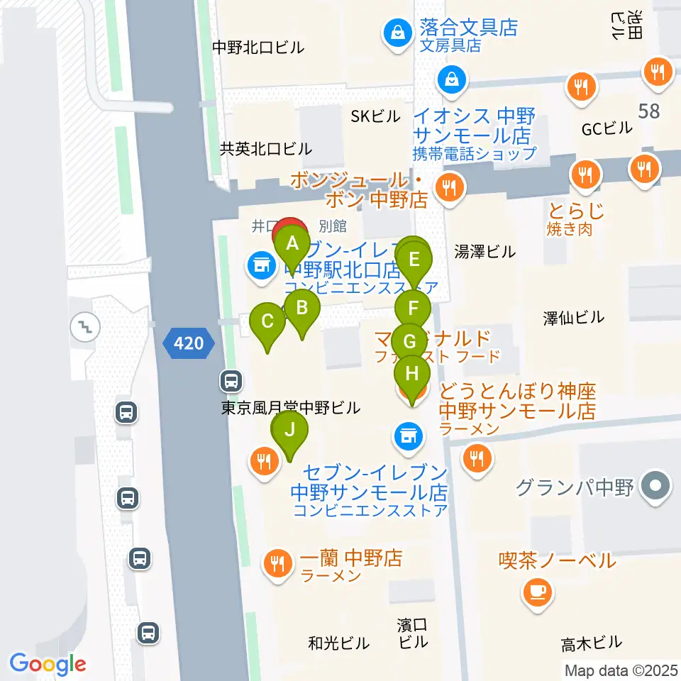 レア中野店周辺のファミレス・ファーストフード一覧地図