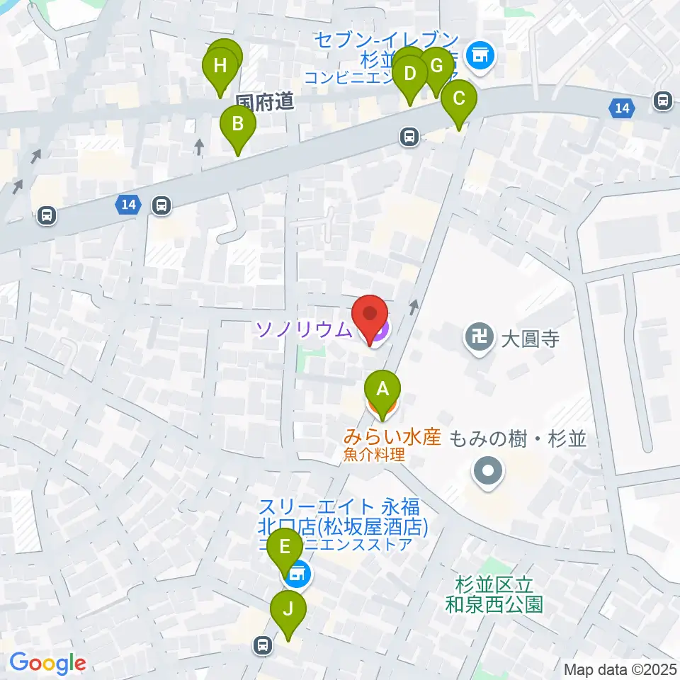 ソノリウム周辺のファミレス・ファーストフード一覧地図