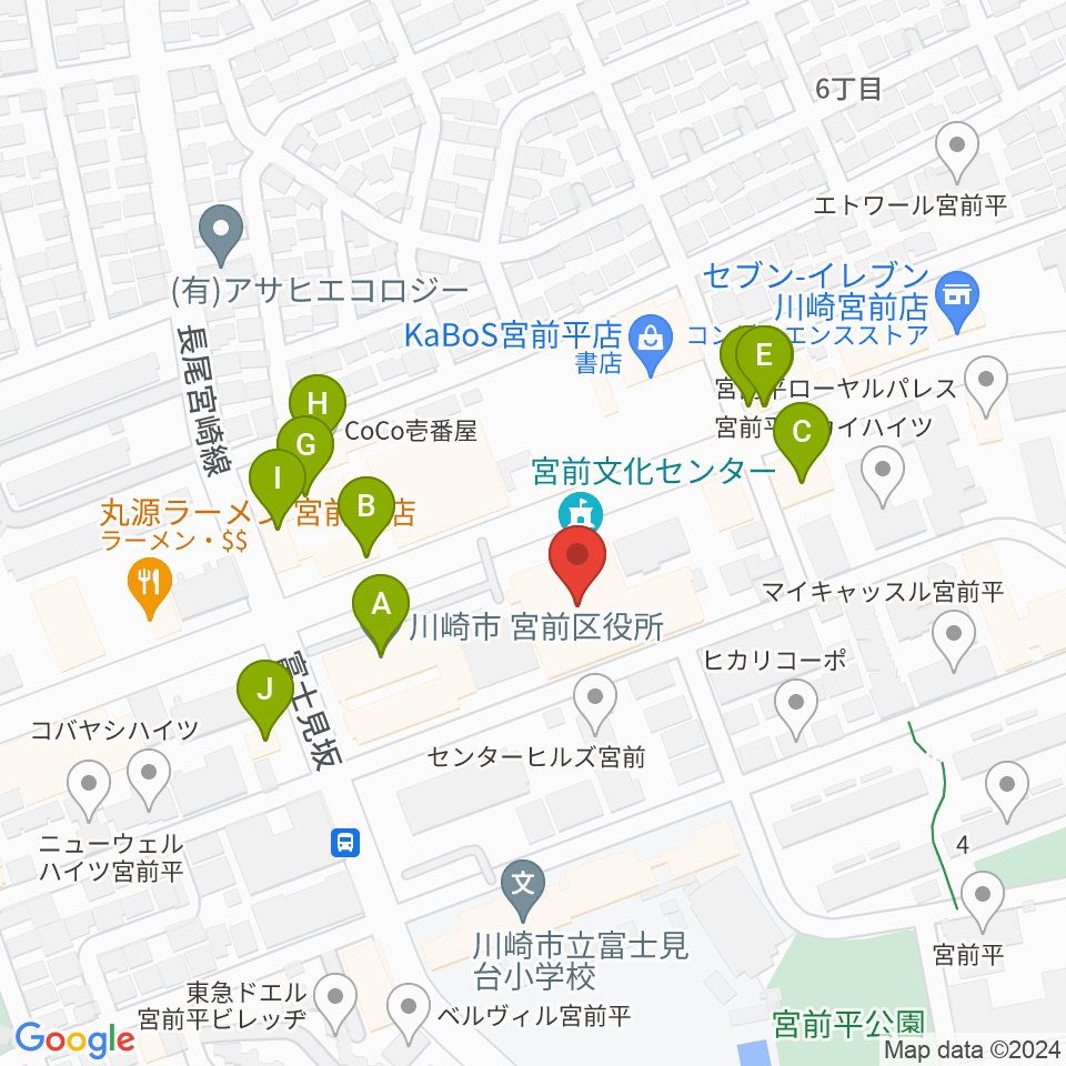 川崎市宮前市民館周辺のファミレス・ファーストフード一覧地図