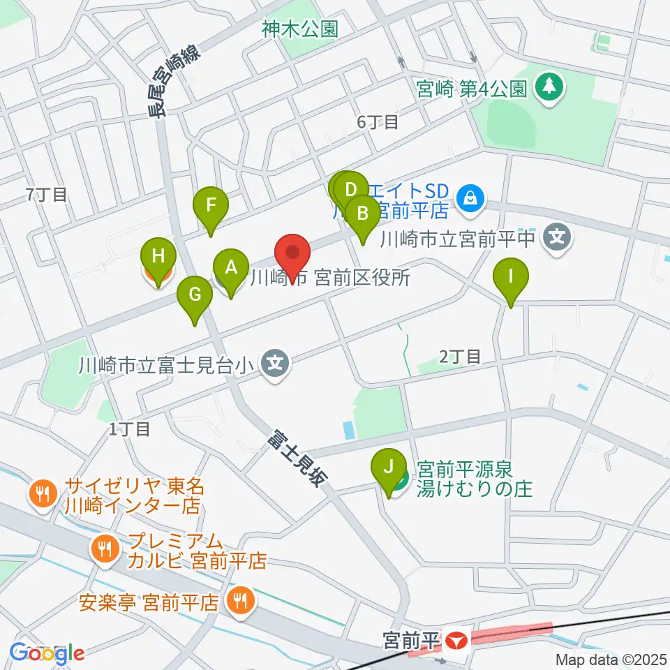 川崎市宮前市民館周辺のファミレス・ファーストフード一覧地図