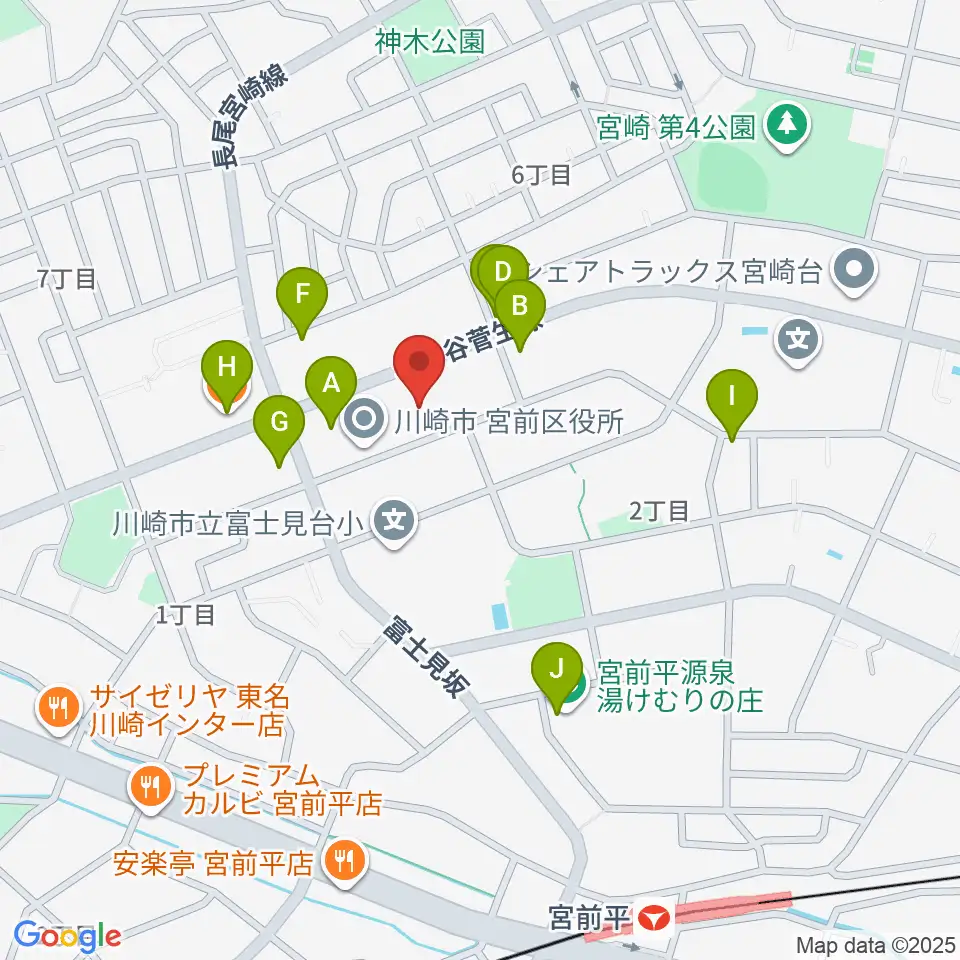 川崎市宮前市民館周辺のファミレス・ファーストフード一覧地図