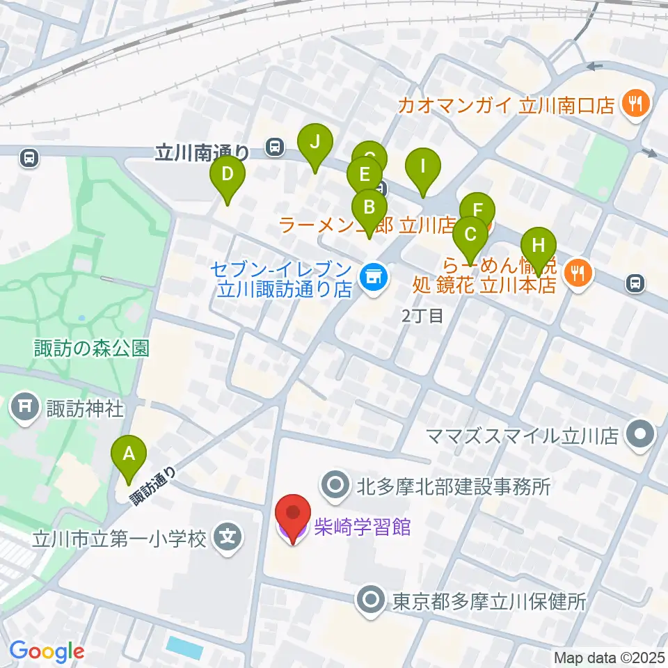 柴崎学習館周辺のファミレス・ファーストフード一覧地図