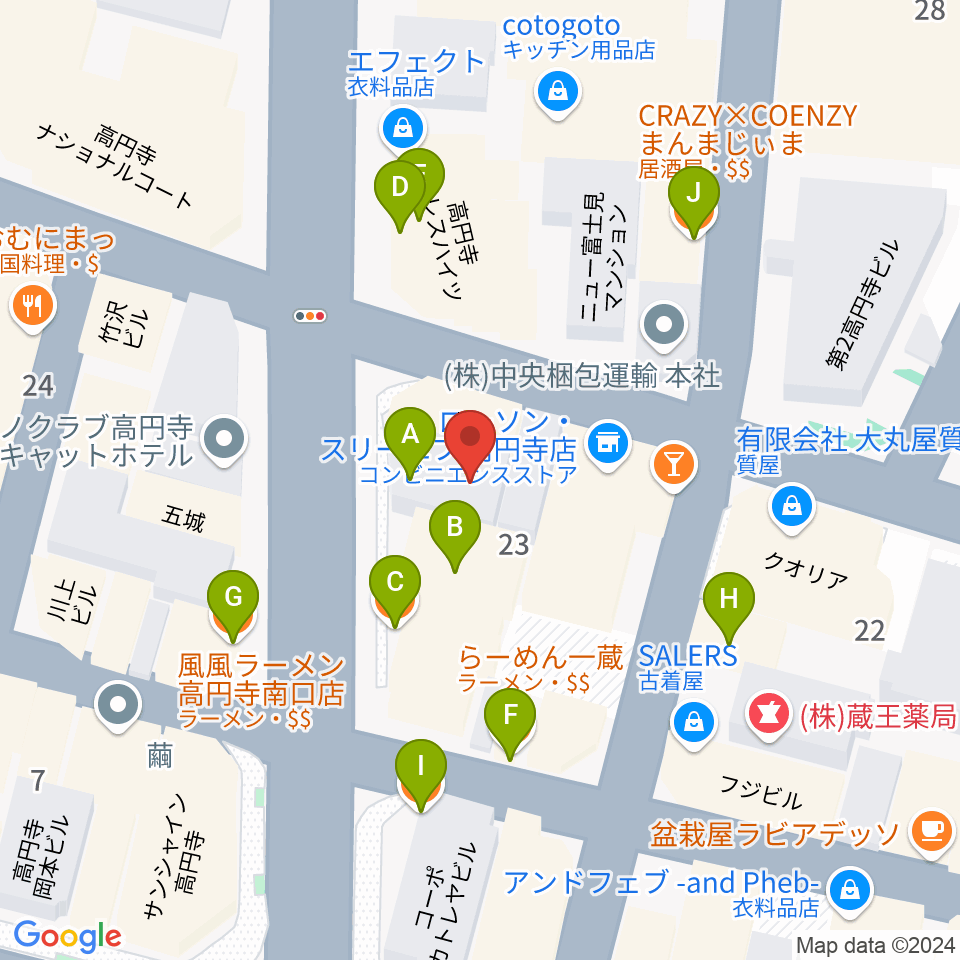 高円寺レコードショップBASE周辺のファミレス・ファーストフード一覧地図