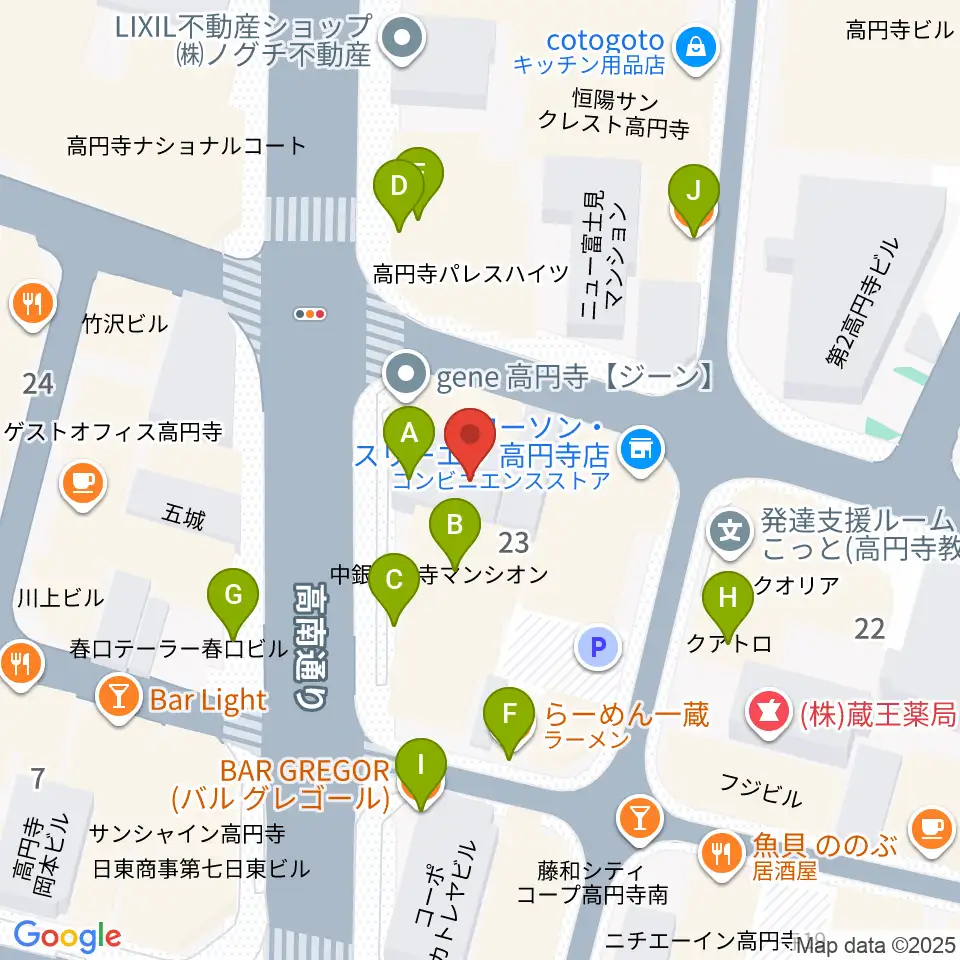 高円寺レコードショップBASE周辺のファミレス・ファーストフード一覧地図