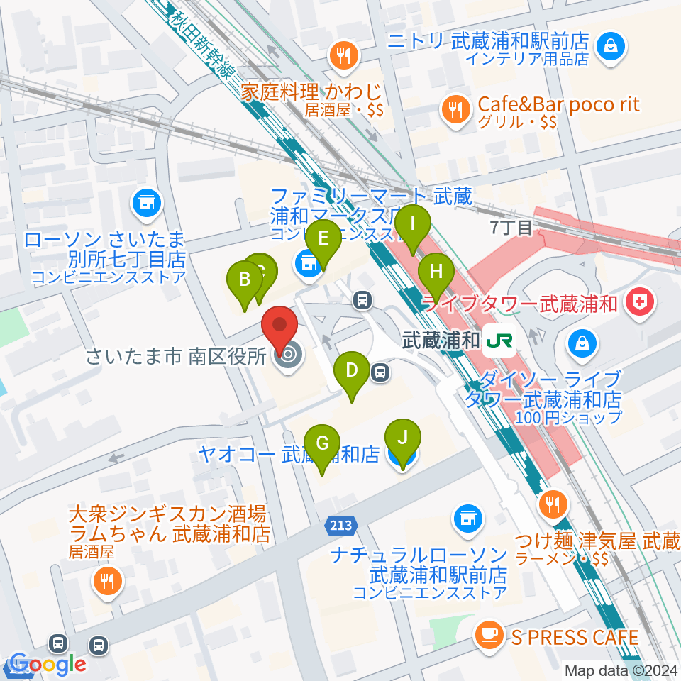 武蔵浦和コミュニティセンター周辺のファミレス・ファーストフード一覧地図