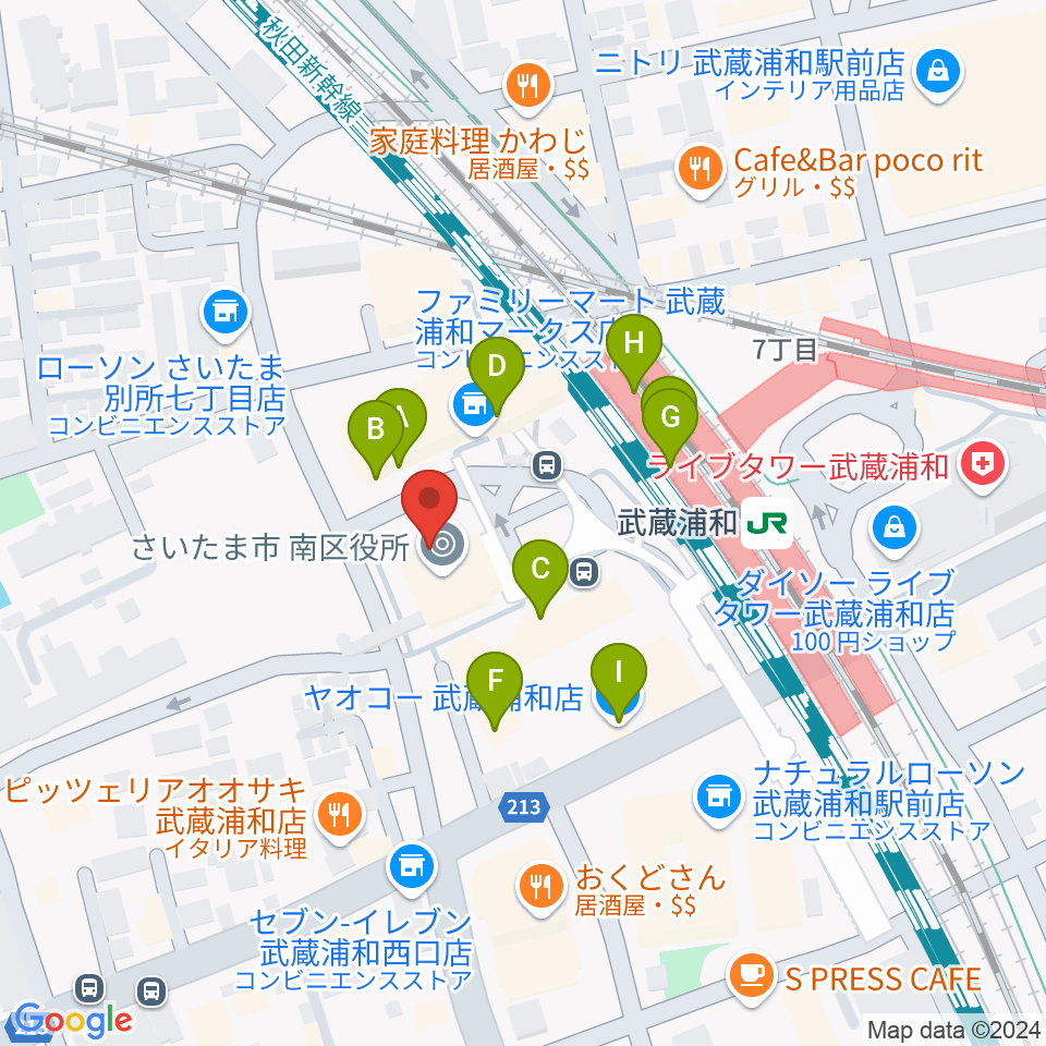 武蔵浦和コミュニティセンター周辺のファミレス・ファーストフード一覧地図