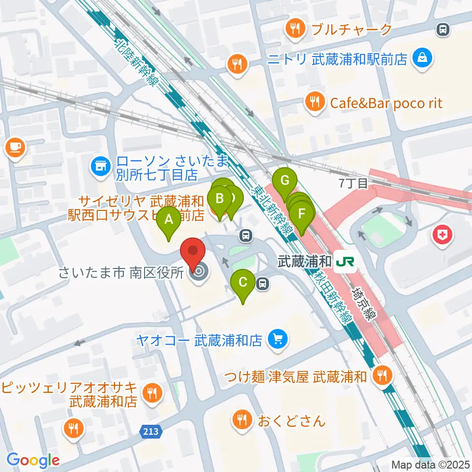 武蔵浦和コミュニティセンター周辺のファミレス・ファーストフード一覧地図