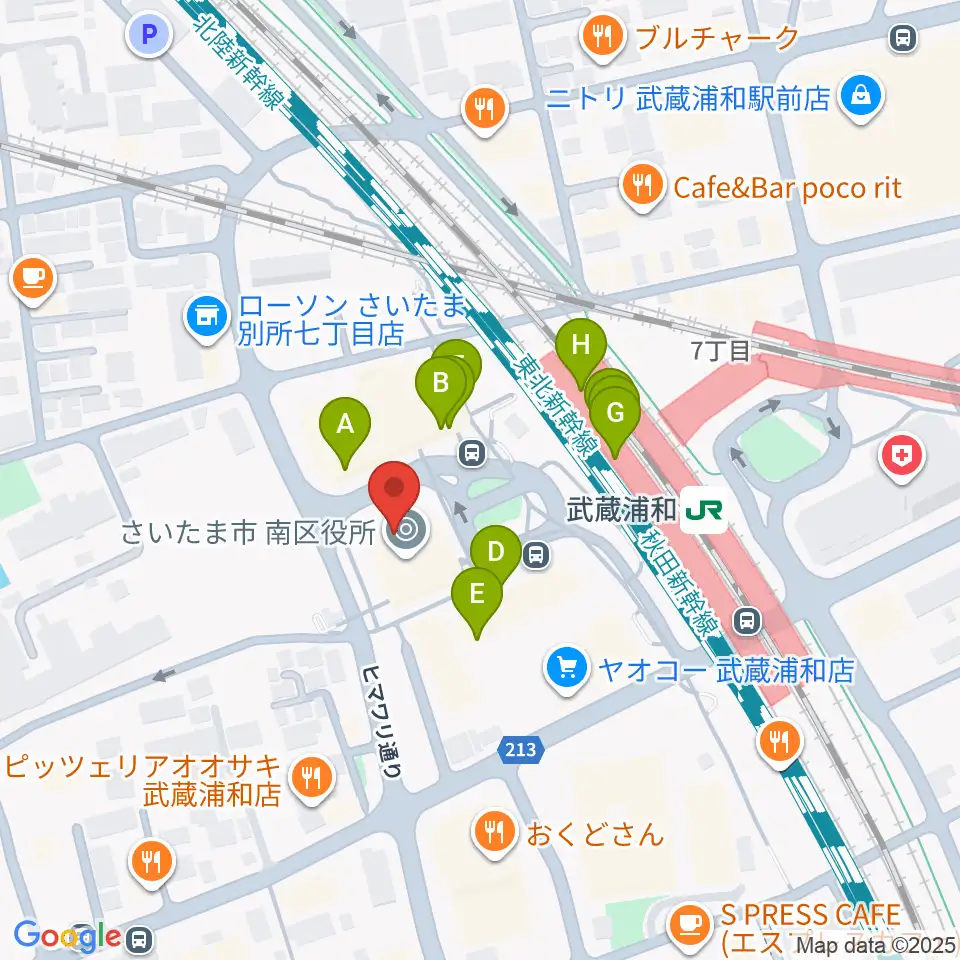 武蔵浦和コミュニティセンター周辺のファミレス・ファーストフード一覧地図