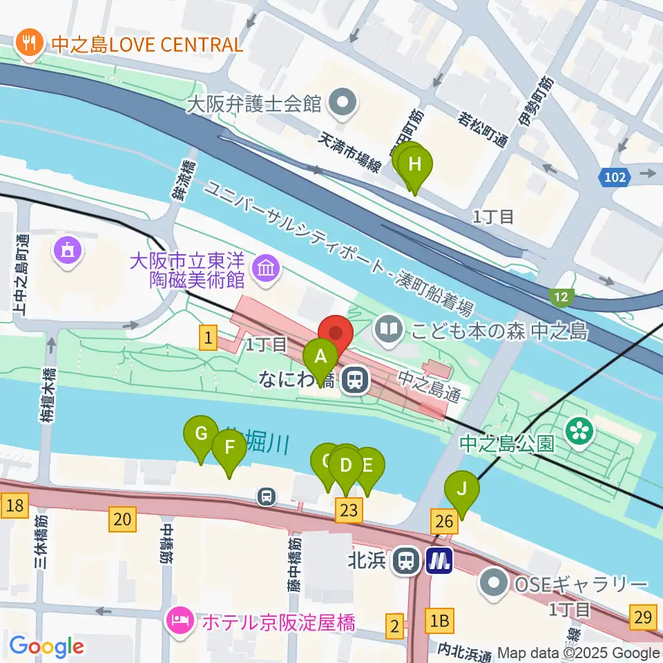 京阪電車なにわ橋駅 アートエリアB1周辺のファミレス・ファーストフード一覧地図
