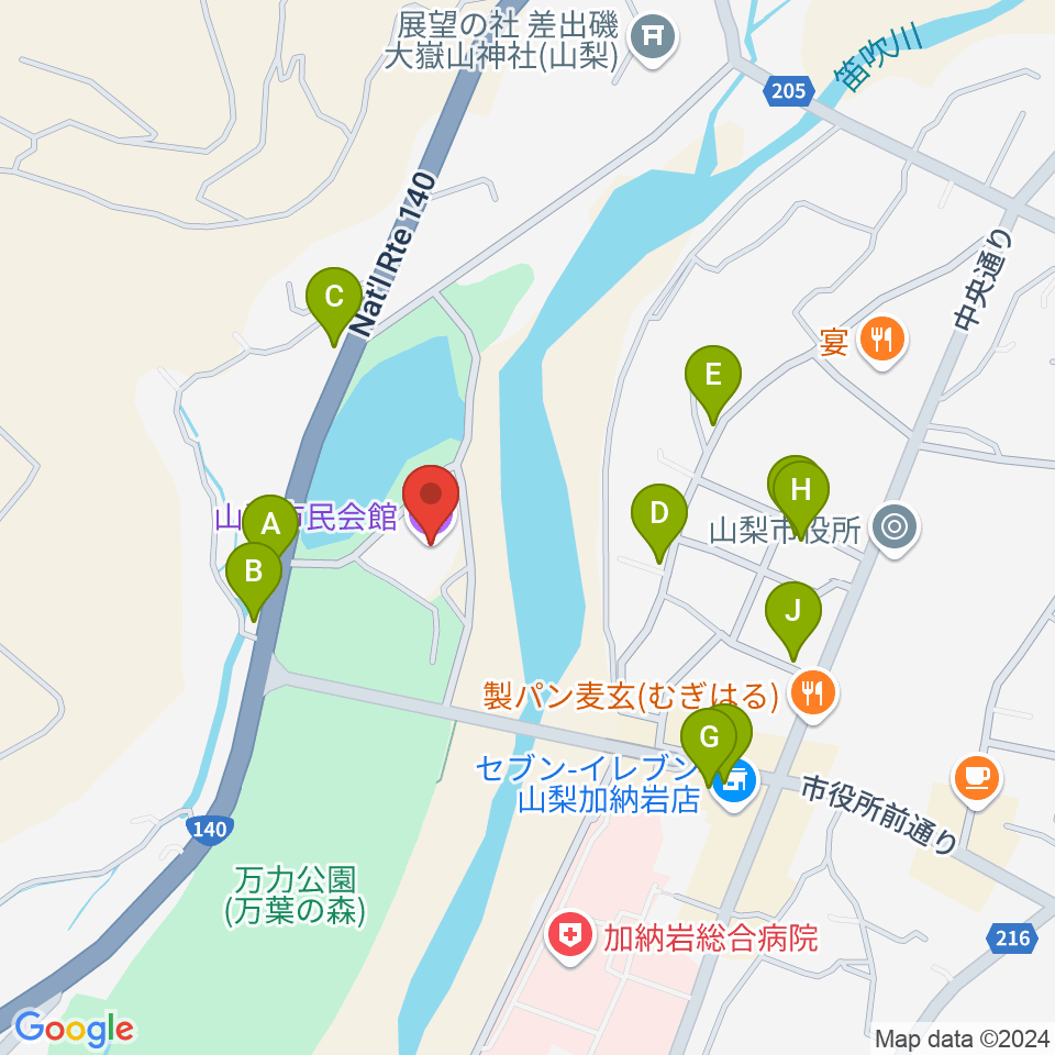 山梨市民会館周辺のファミレス・ファーストフード一覧地図