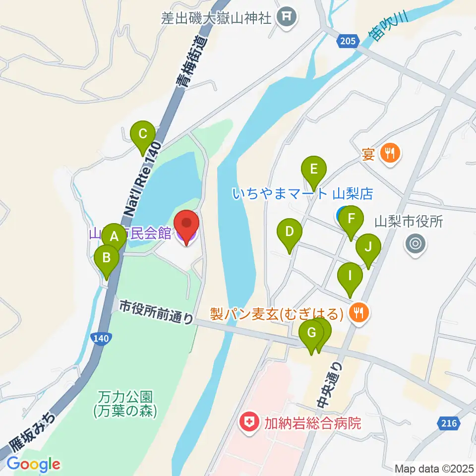 山梨市民会館周辺のファミレス・ファーストフード一覧地図