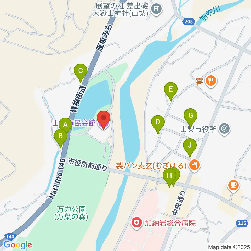 山梨市民会館周辺のファミレス・ファーストフード一覧地図