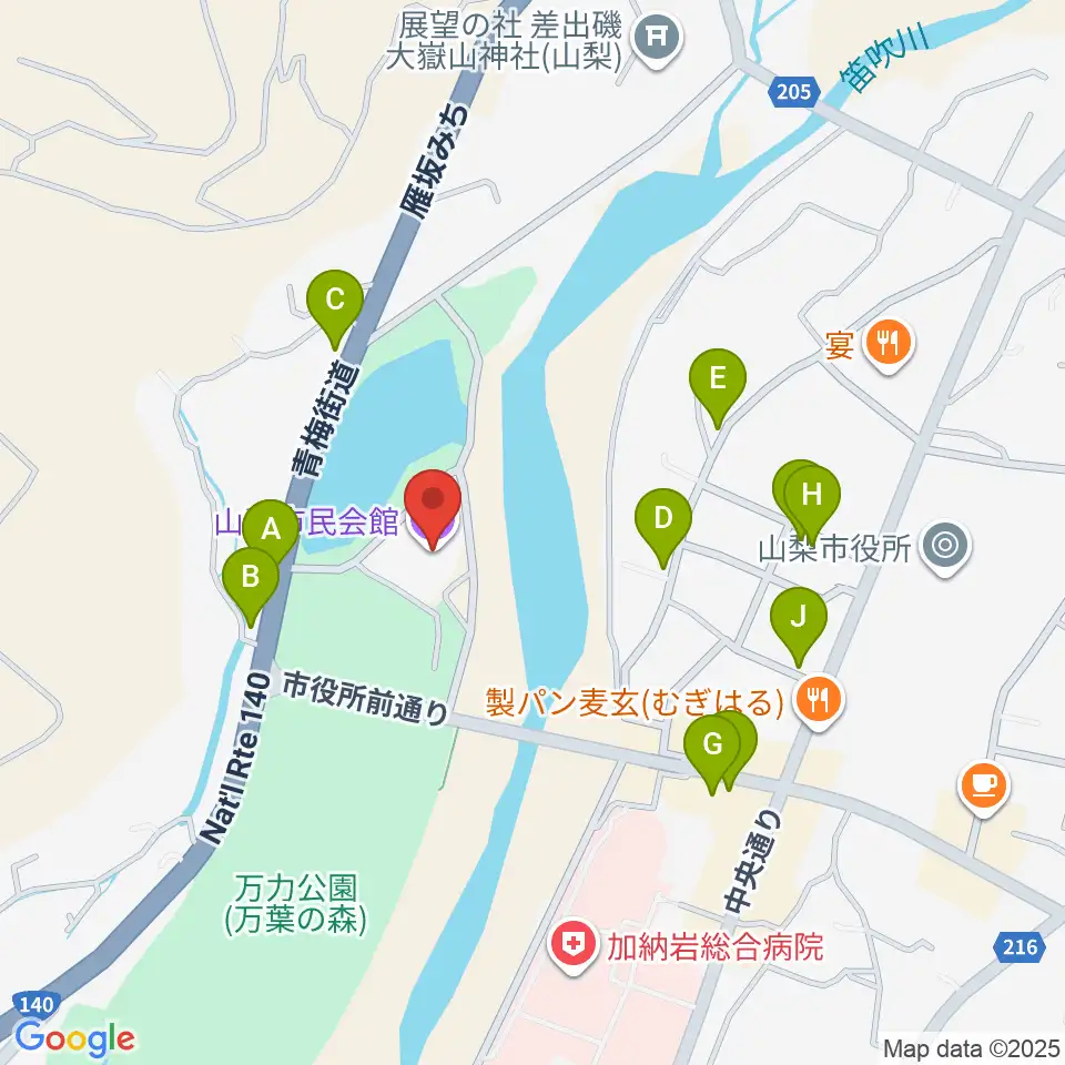 山梨市民会館周辺のファミレス・ファーストフード一覧地図