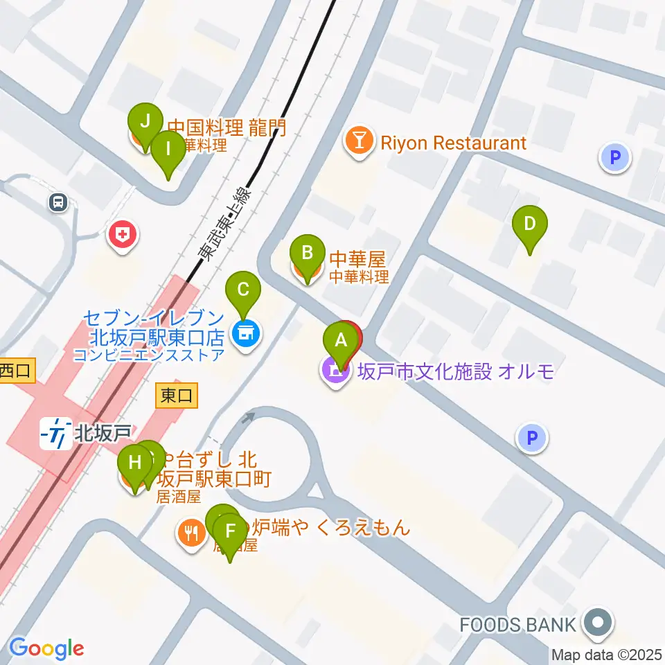 坂戸市文化施設オルモ周辺のファミレス・ファーストフード一覧地図