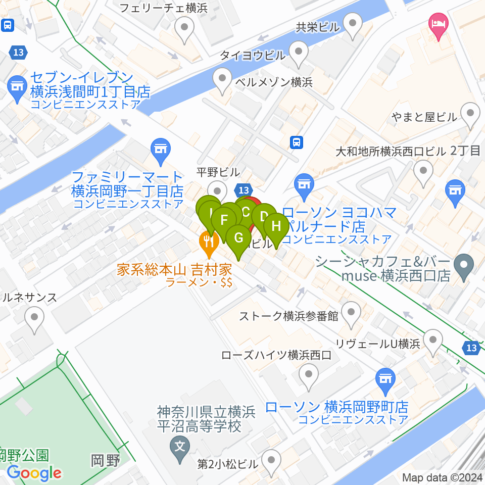 ベリーメリーミュージックスクール横浜校周辺のファミレス・ファーストフード一覧地図