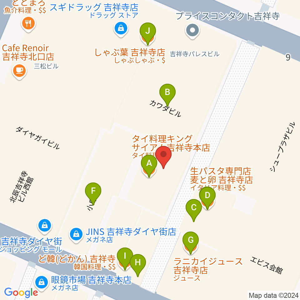 ディスクユニオン吉祥寺店周辺のファミレス・ファーストフード一覧地図