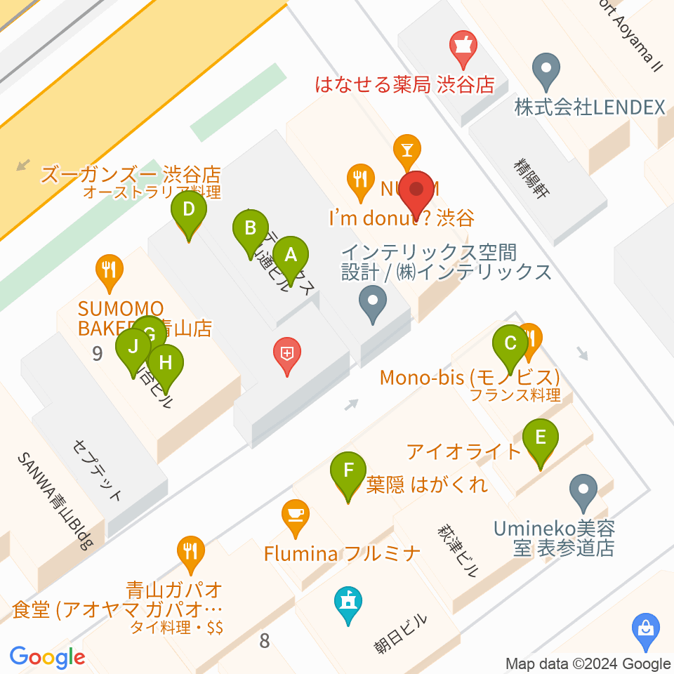 青山ZERO周辺のファミレス・ファーストフード一覧地図