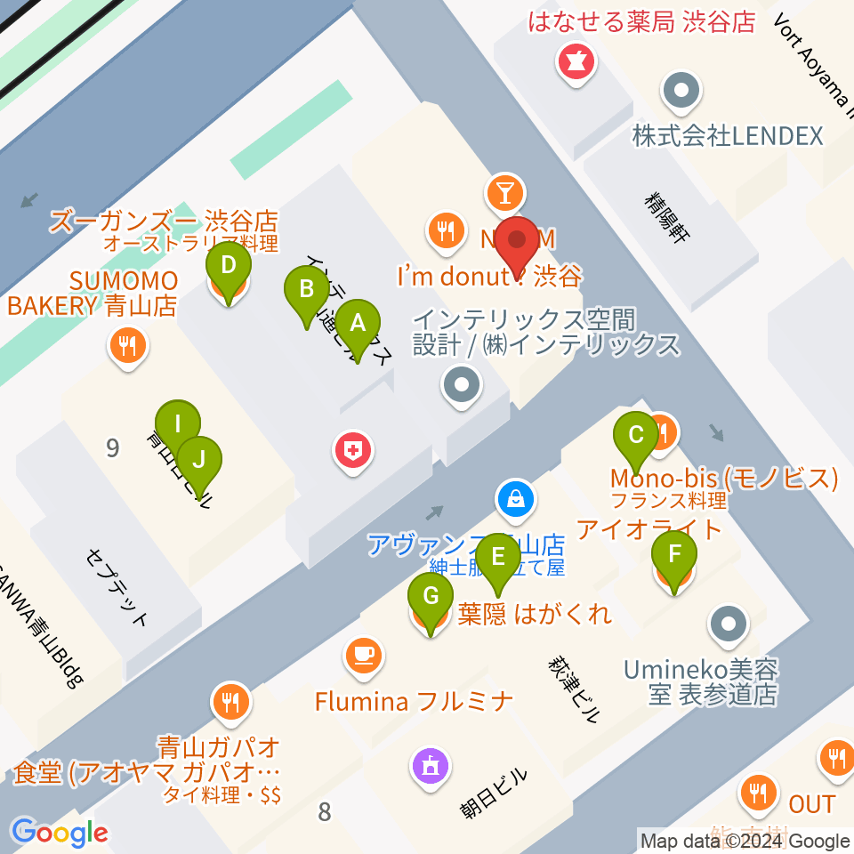 青山ZERO周辺のファミレス・ファーストフード一覧地図