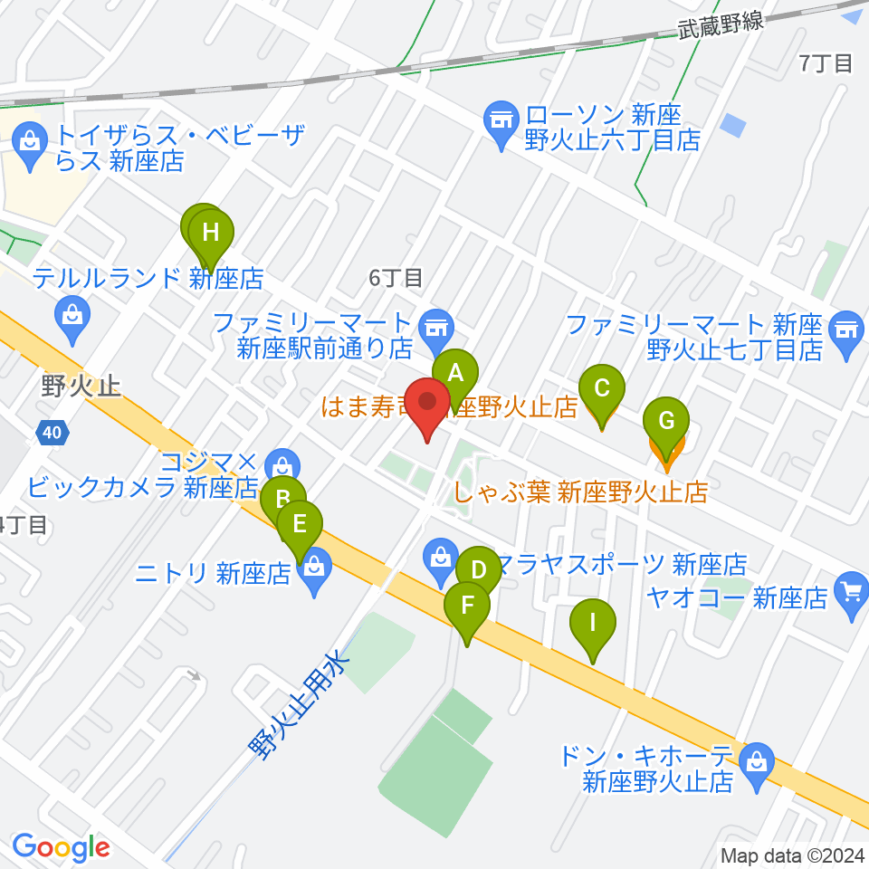 ふるさと新座館ホール周辺のファミレス・ファーストフード一覧地図