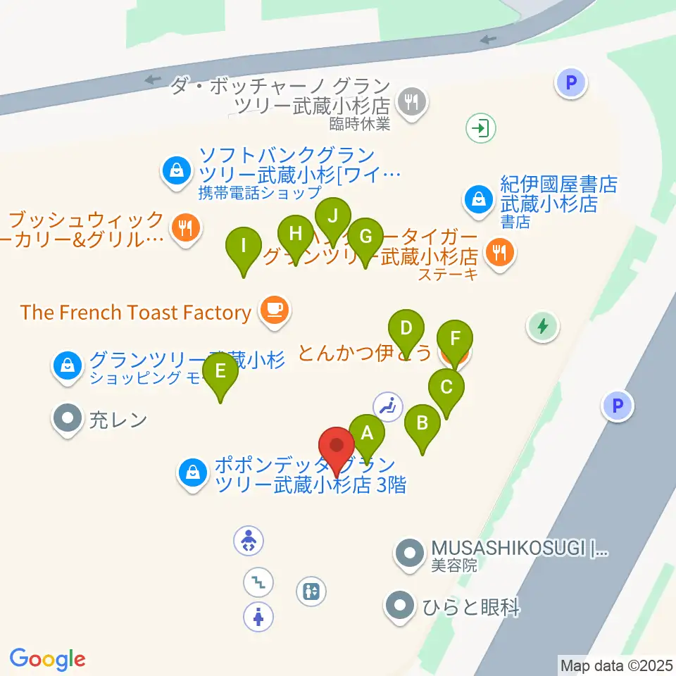 山野楽器 武蔵小杉店周辺のファミレス・ファーストフード一覧地図