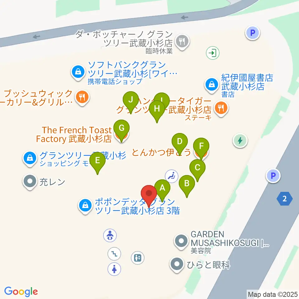 山野楽器 武蔵小杉店周辺のファミレス・ファーストフード一覧地図