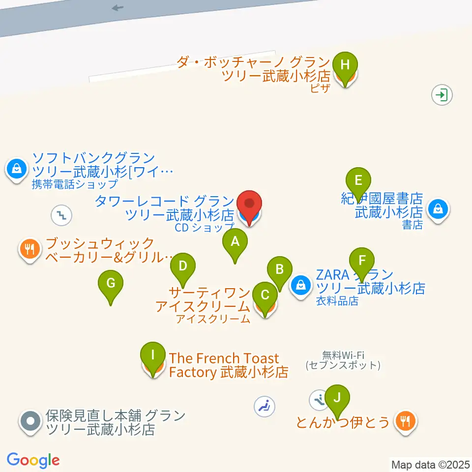 タワーレコード グランツリー武蔵小杉店周辺のファミレス・ファーストフード一覧地図