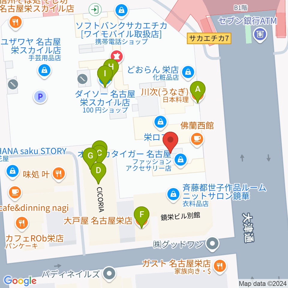 HMV栄周辺のファミレス・ファーストフード一覧地図