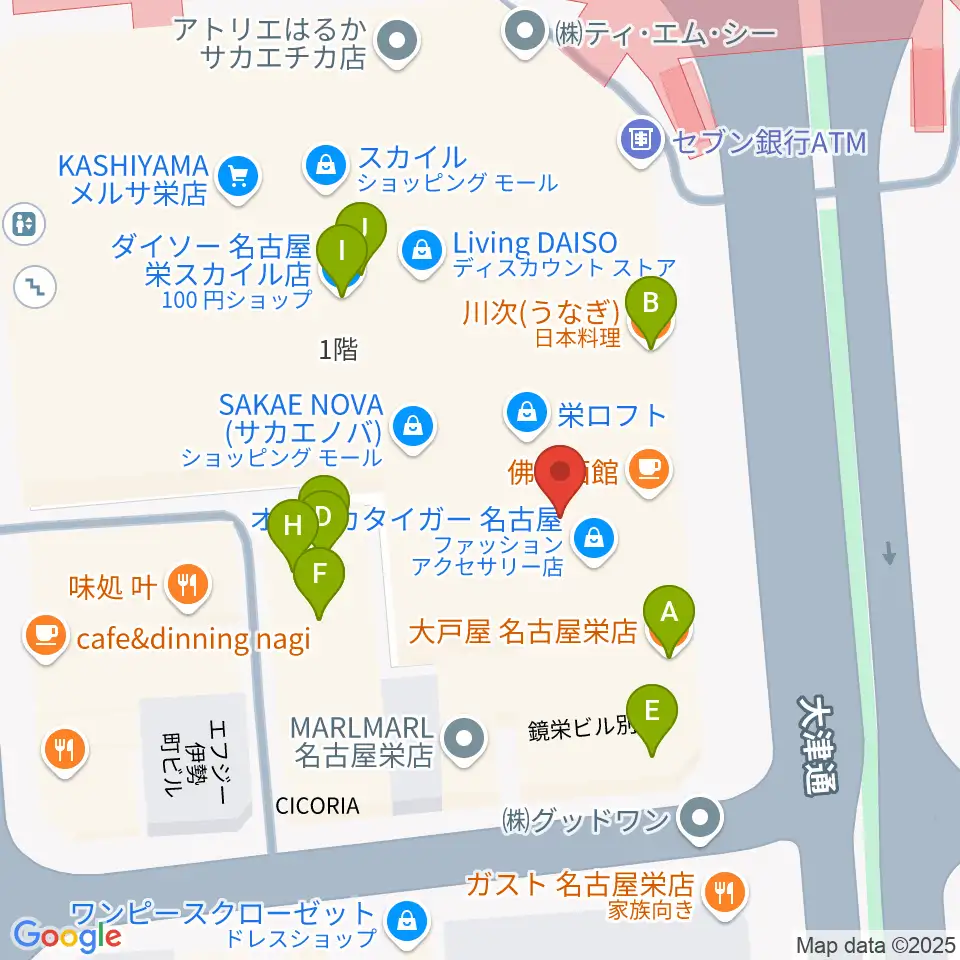 HMV栄周辺のファミレス・ファーストフード一覧地図