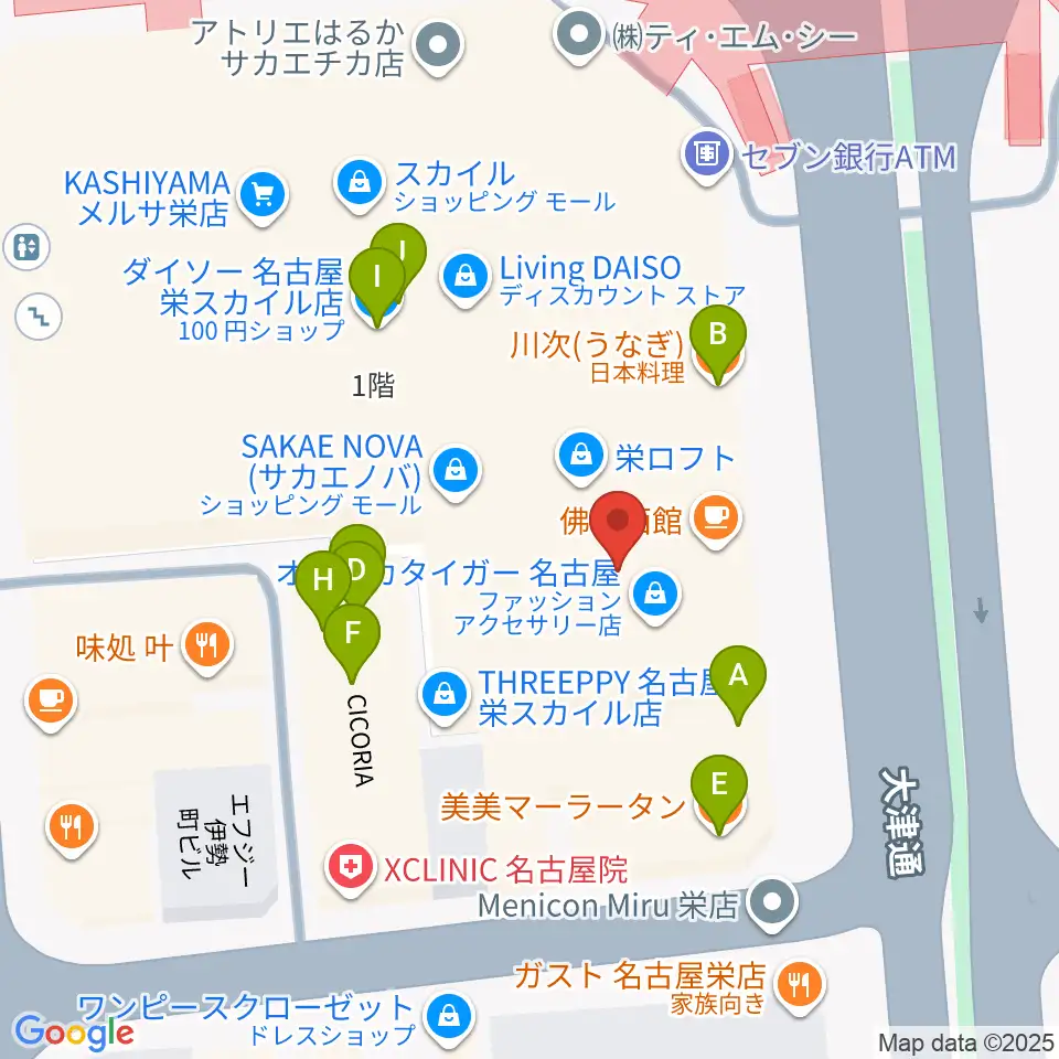 HMV栄周辺のファミレス・ファーストフード一覧地図