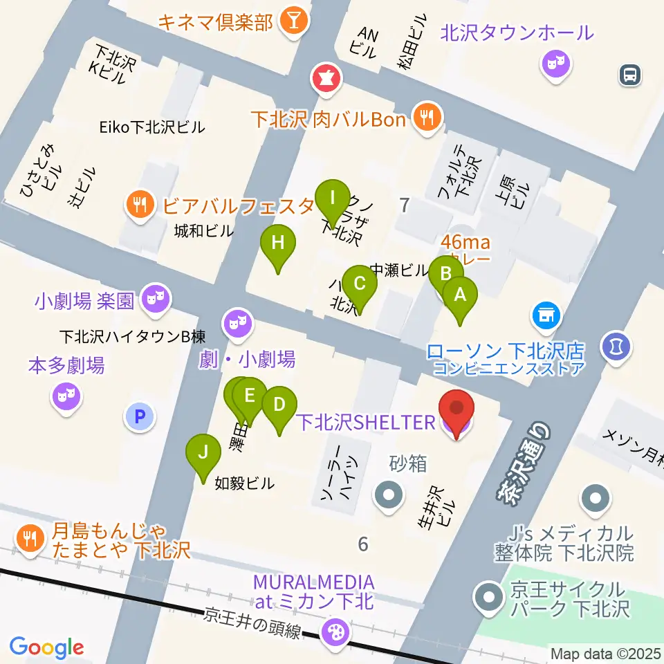 下北沢シェルター周辺のファミレス・ファーストフード一覧地図
