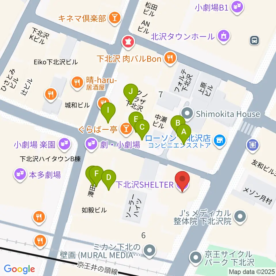 下北沢シェルター周辺のファミレス・ファーストフード一覧地図
