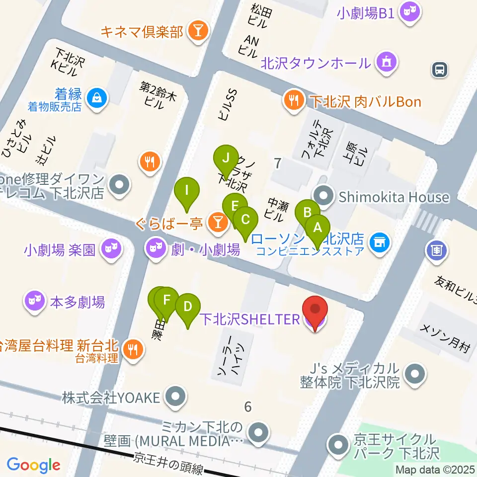 下北沢シェルター周辺のファミレス・ファーストフード一覧地図